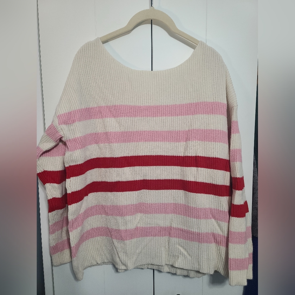 White pink red striped sweater. Size large from popsugar